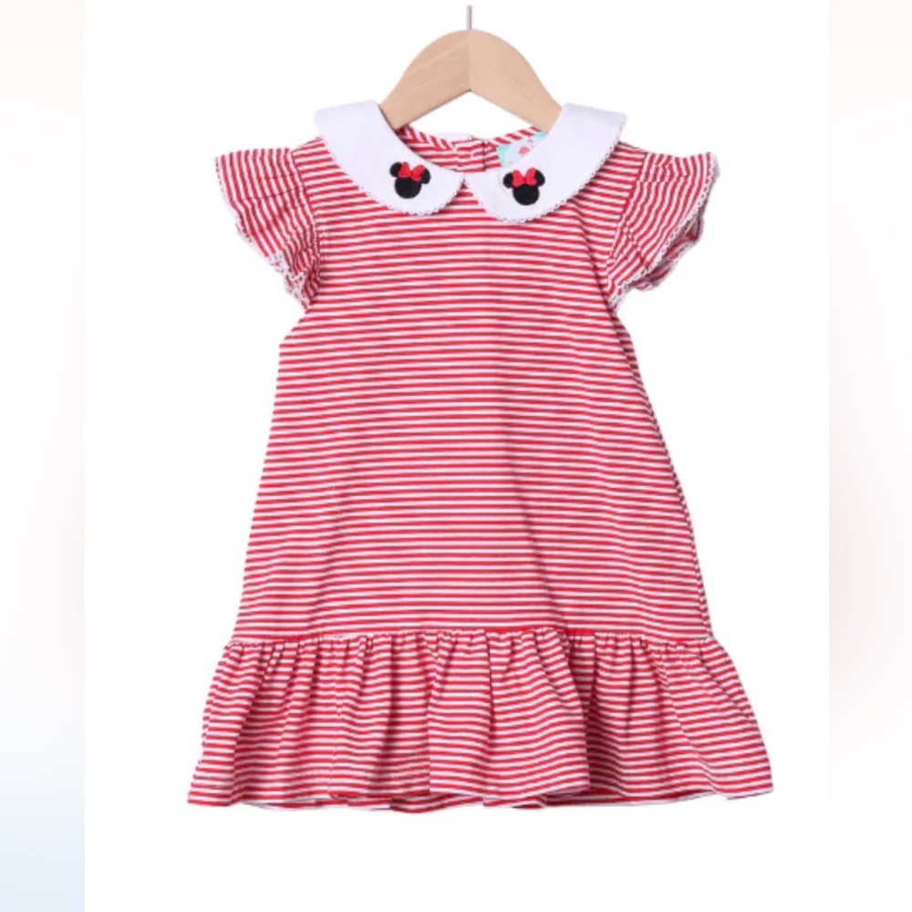 The Smocked Flamingo Mouse Red Knit Stripe Flutter Dress - 6 yr